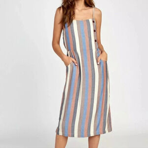 RVCA Striped Midi Dress - Blue, Brown, Cream